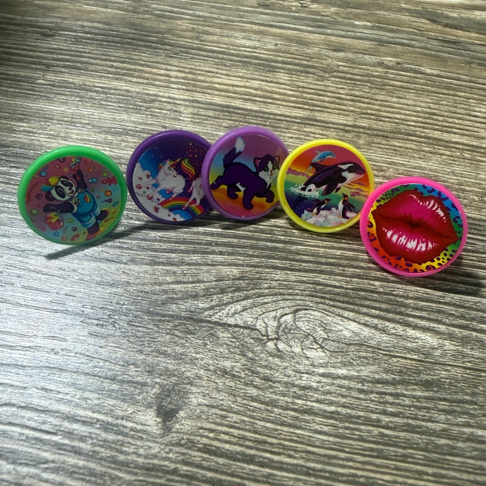 Vintage Lisa Frank Plastic  Rings Lot of 5 Panda Unicorn Cat Orca Lips